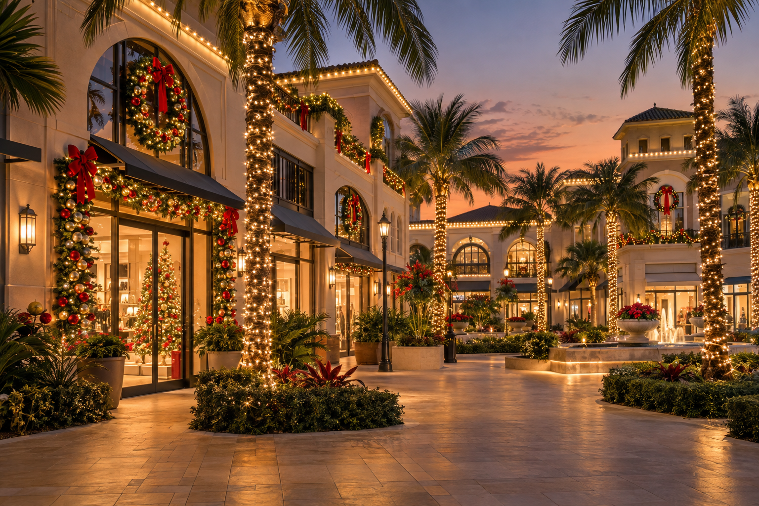 Luxury open-air shopping plaza fully decorated with Christmas lights wreaths garland palm trees at dusk