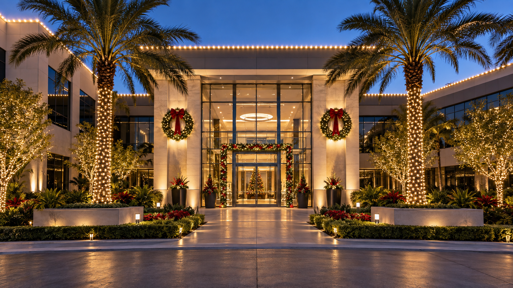 Luxury open-air shopping plaza Christmas lights wreaths red bows palm trees fountain at dusk