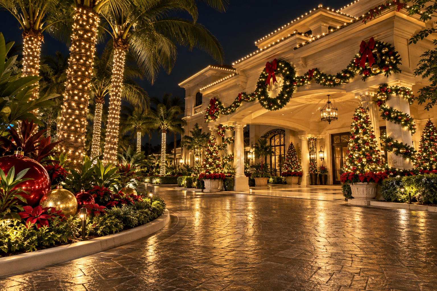 Modern corporate office building entrance Christmas lights wreaths poinsettias palm trees night