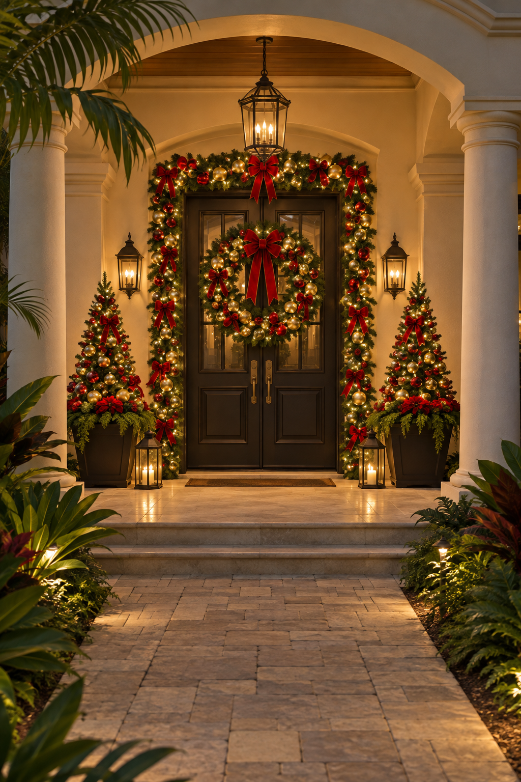 Elegant front door with garland, wreath, red bows and lanterns warm night