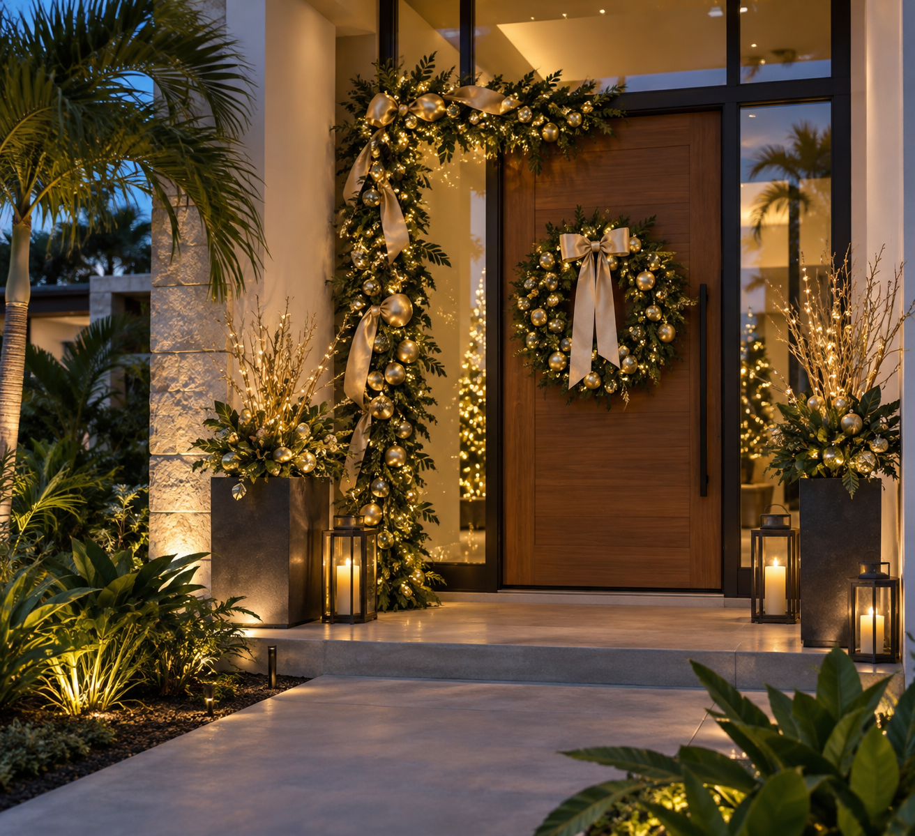 Modern home entryway with gold garland wreath and candle lanterns warm night