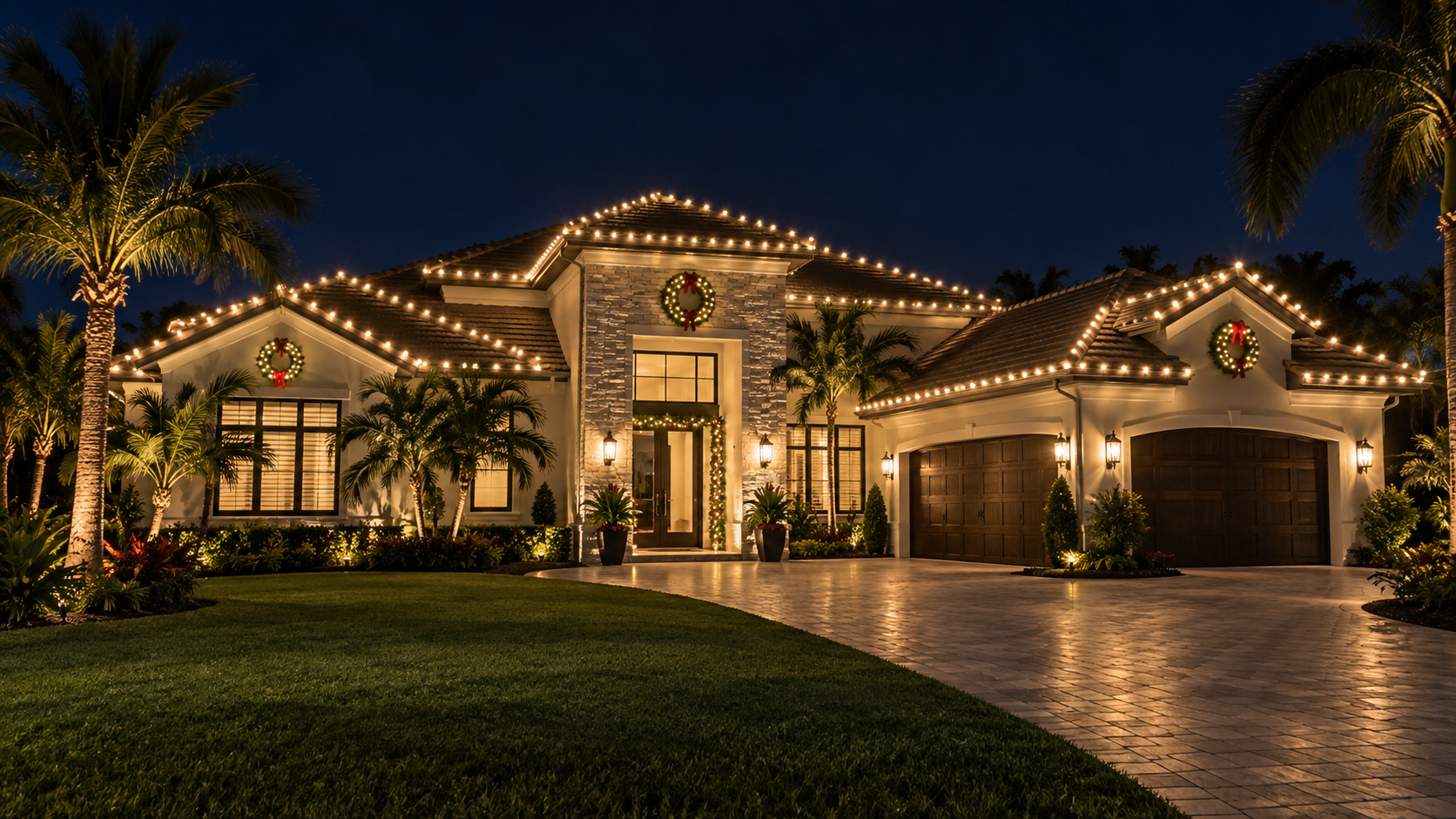 Florida luxury home full roofline Christmas lights wreaths palm trees at night