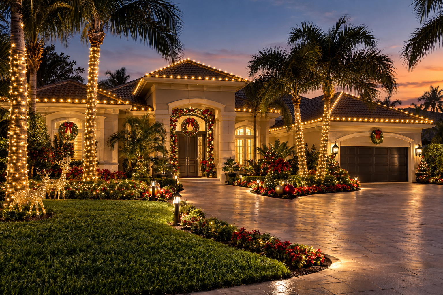 Estate home full roofline palm trees reindeer poinsettias pathway lights at sunset