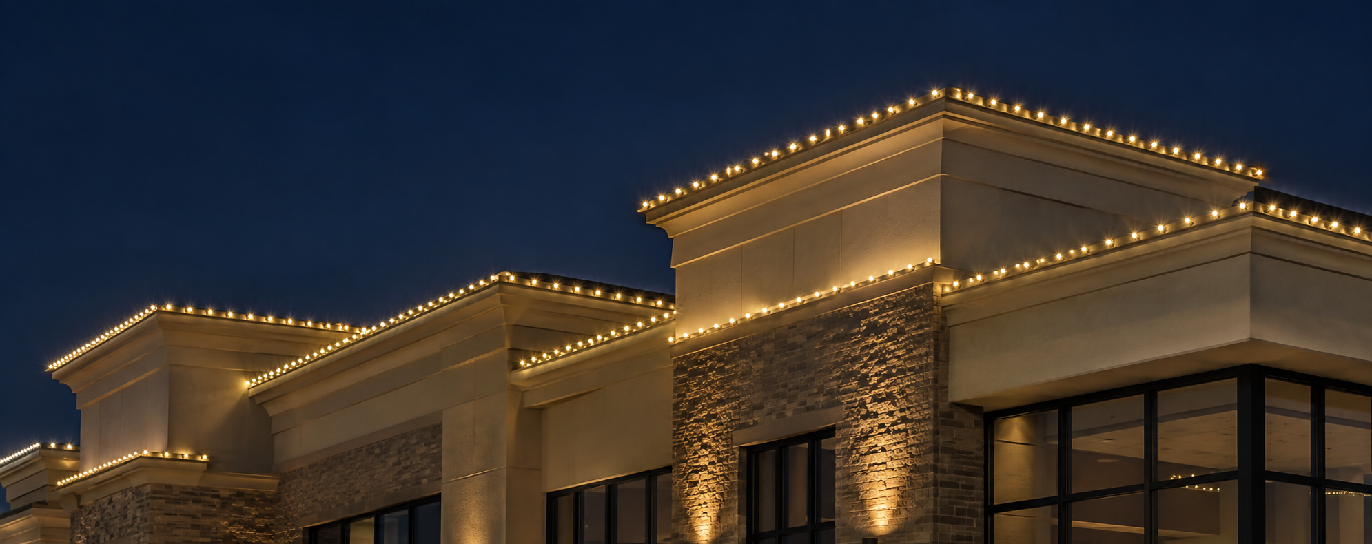 Modern building illuminated with decorative Christmas lights warm night