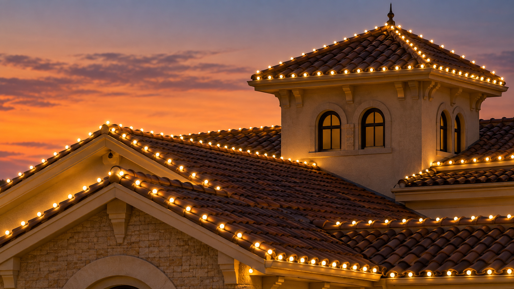 Spanish colonial building illuminated at dusk Christmas lights warm glow