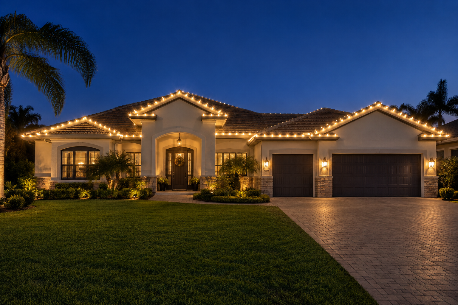 Florida home roofline decorated with warm white Christmas lights at dusk palm trees green lawn