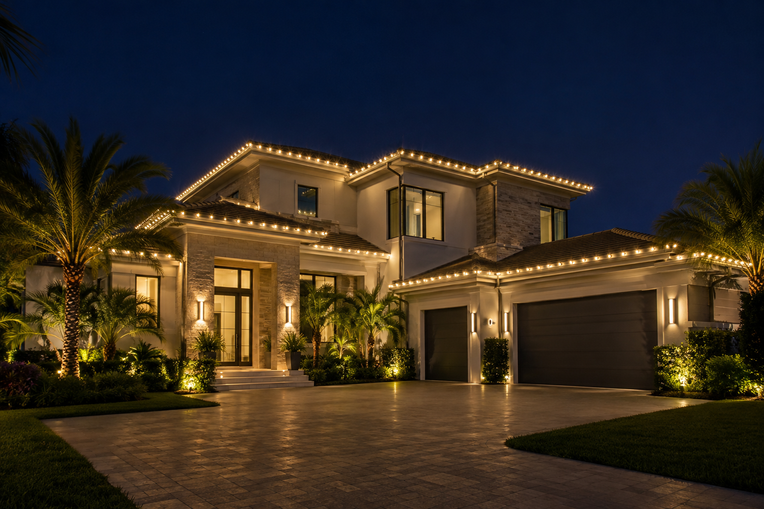 Modern two-story home roofline Christmas lights warm white palm trees night