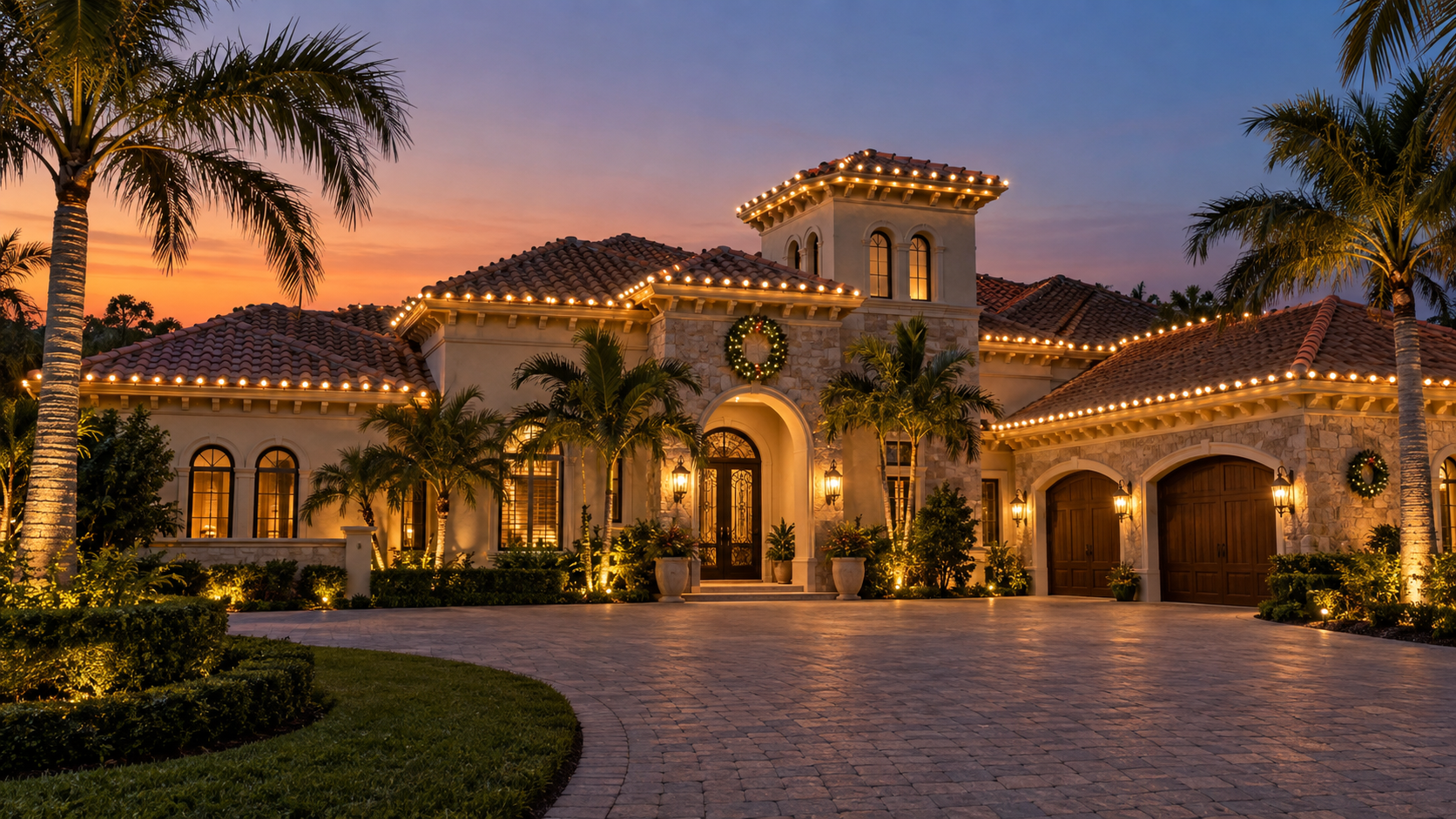 Mediterranean estate roofline Christmas lights sunset palm trees wreath