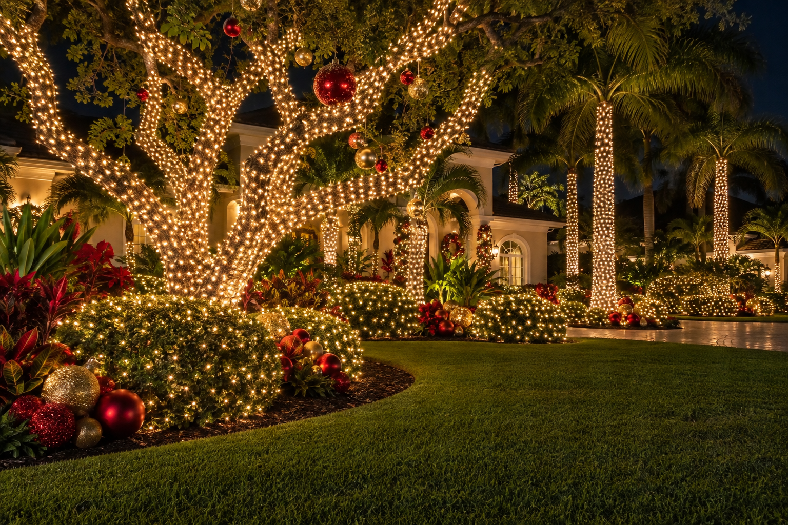 Palm trees and shrubs wrapped in warm white Christmas lights tropical night