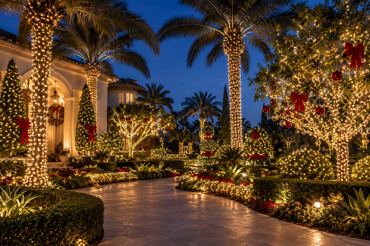 Trees and shrubs decorated with Christmas lights warm night tropical landscape